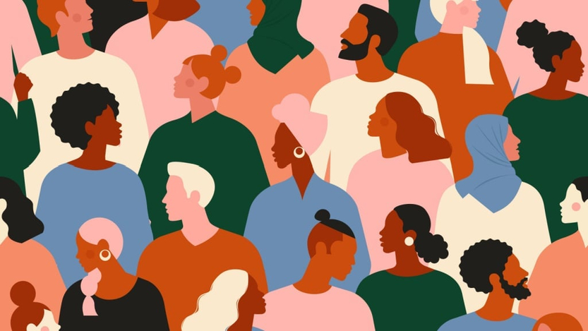 An illustration of a diverse group of people standing together.
