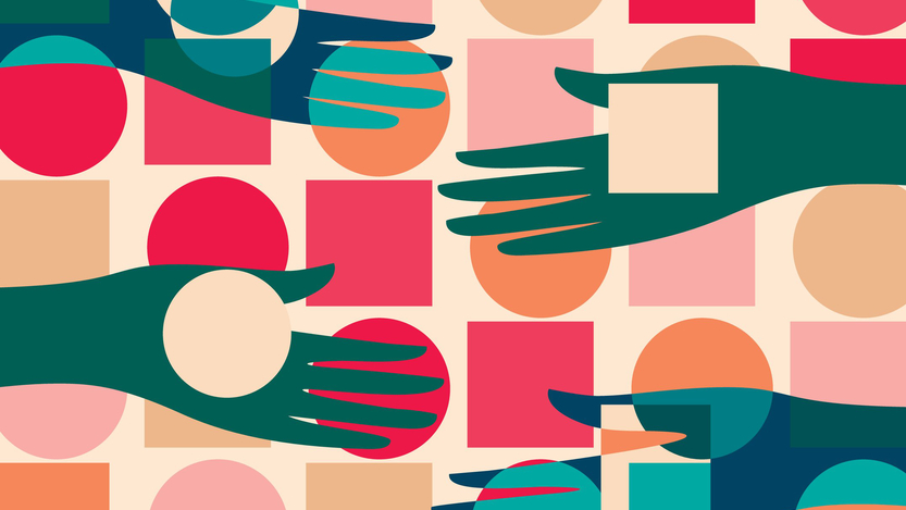 An abstract illustration of hands reaching out toward one another with different colors and shapes.