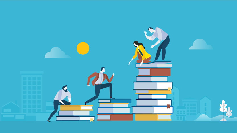Four people climbing up three towers of books that got progressively higher.
