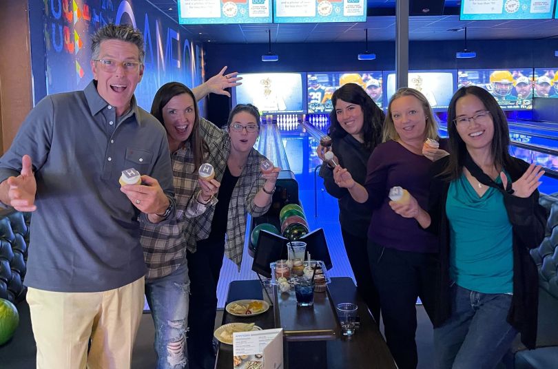 Photo of the Iterative Health team at a bowling alley.