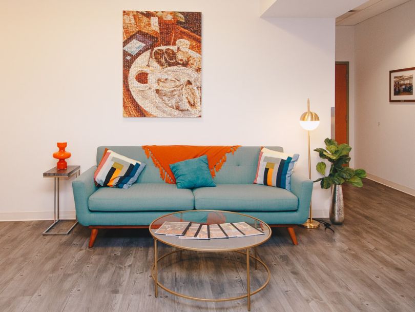a bright seating area in Toast's office. 