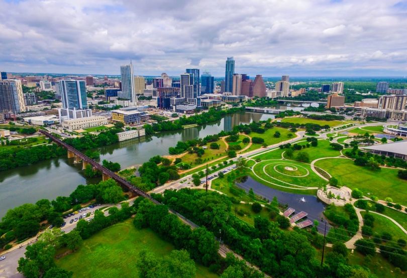 An aerial photo of Zilker Park in Austin