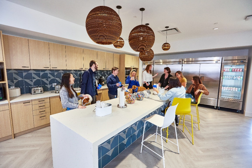 Chewy's Boston office has been renovated with a new kitchen.