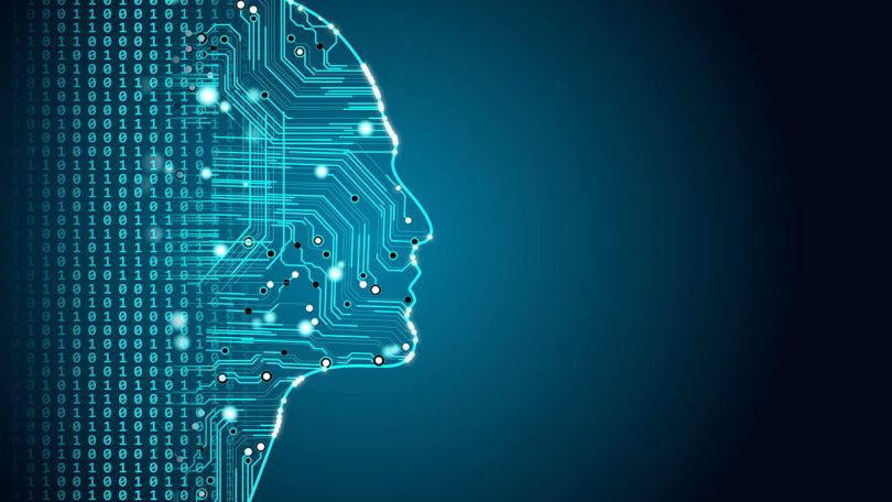 3D rendering of human head made up of programming code and AI tech