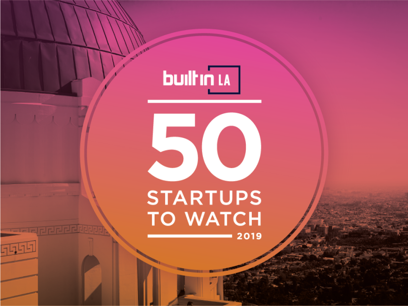 Built In LA 50 to Watch logo —&nbsp;Built In LA seal over view from Griffith Park Observatory