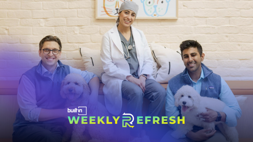 Bond Vet co-founders sit together holding two puppies.