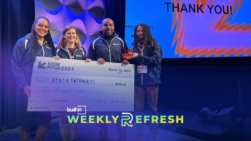 Reach Pathways holding a $4,000 check after wining the SXSW Pitch Competition.