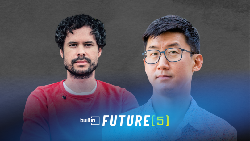Wavlake co-founders&nbsp;Sam Means and Michael Rhee pose for separate photos against a grey background.