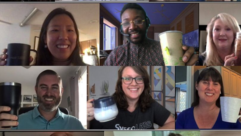 A screenshot from a Zoom coffee challenge video. 