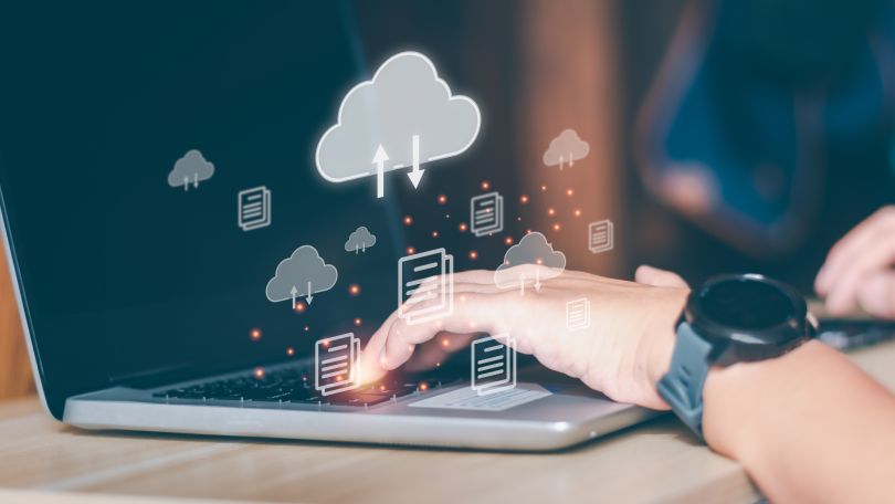 A computer and graphical overlays of cloud-based document and data management. 