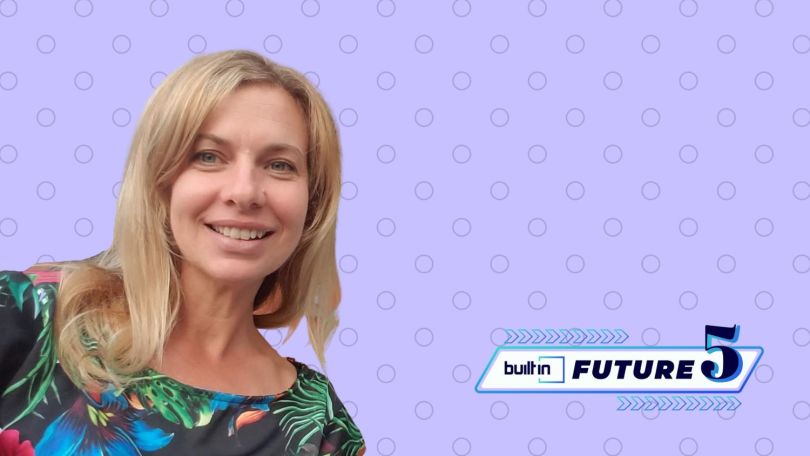 U4U founder and CEO Ila Marchetta on a purple polka dot backgroun with the future 5 logo in the bottom righthand corner
