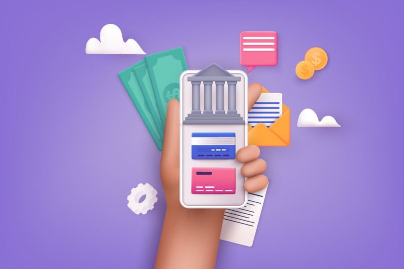 A graphic shows a phone banking app