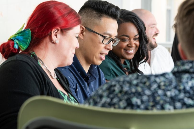 Photograph of a group of people working together at Network Perception.