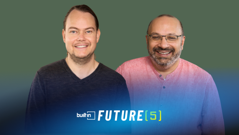 Future co-founders Jean-Louis Warnholz (left) and Kamal Bhattacharya pose for a picture against a dark green background.