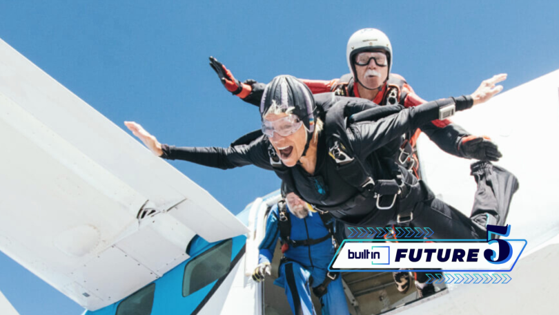 Two elderly friends sky diving