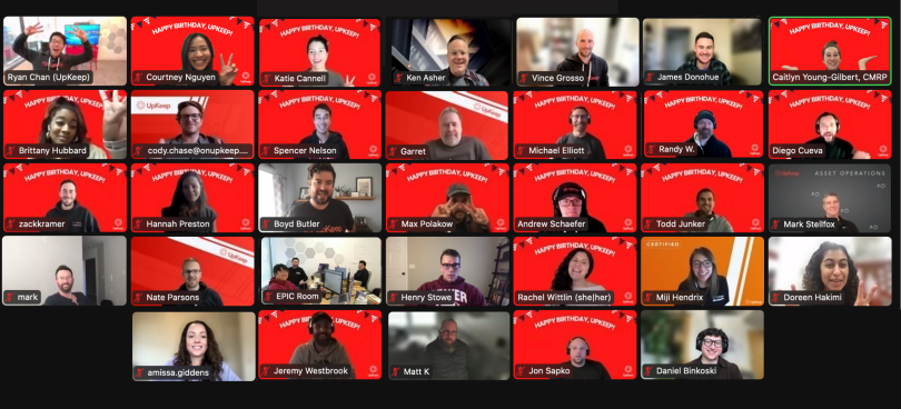 A screenshot of a Zoom meeting with the UpKeep team