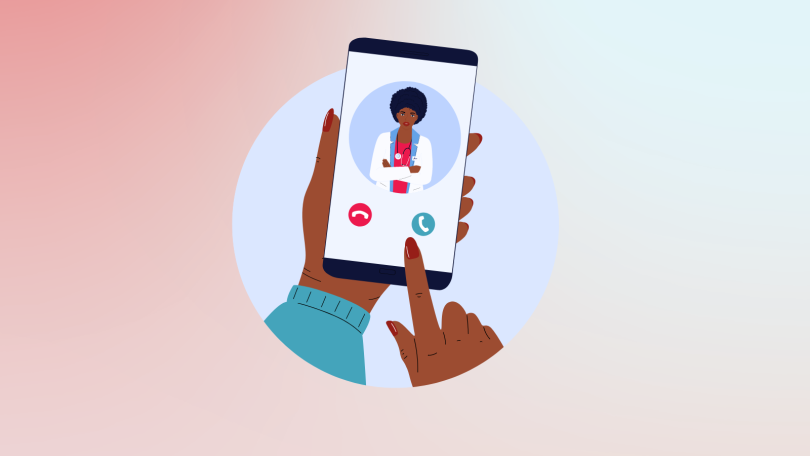 Virtual health cartoon of doctor on cellphone