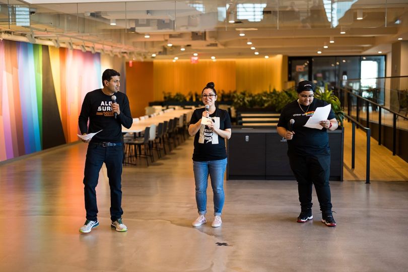 HUdson River Trading team members singing karaoke in the office
