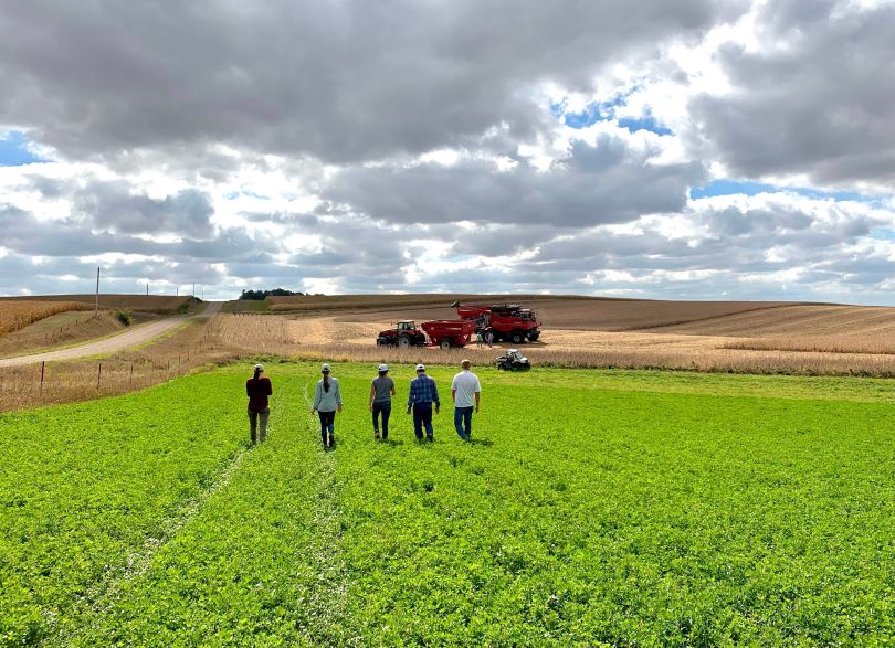 Five people from behind, walking through a grassy field toward a wheat field. A farming truck can be seen in the distance.