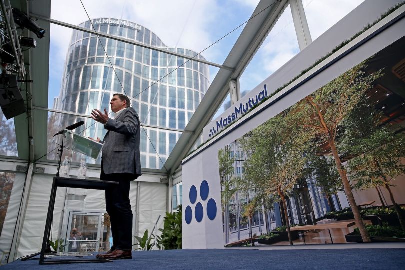 MassMutual CEO Roger Crandall speaks at the grand opening of the company’s new Boston office at 10 Fan Pier Blvd.