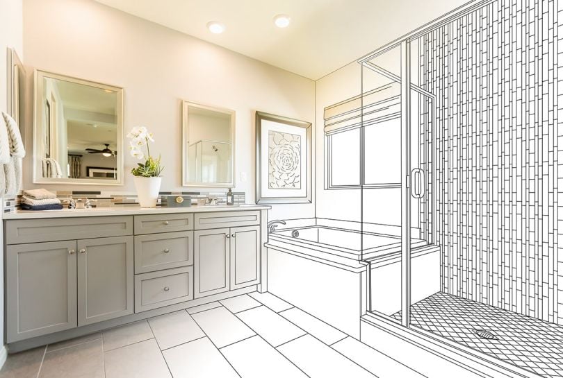 Custom Master Bathroom Design Drawing Gradating to Finished Photo.