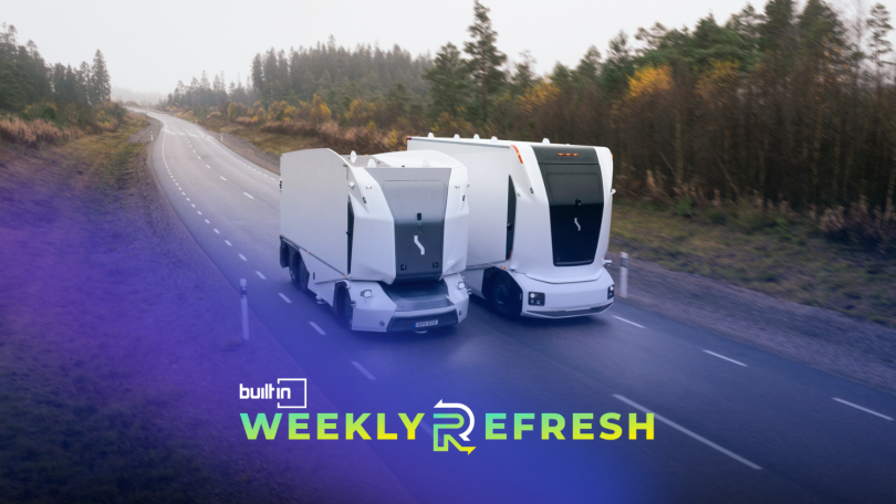 Einride's autonomous, electric freight trucks drive on a road.