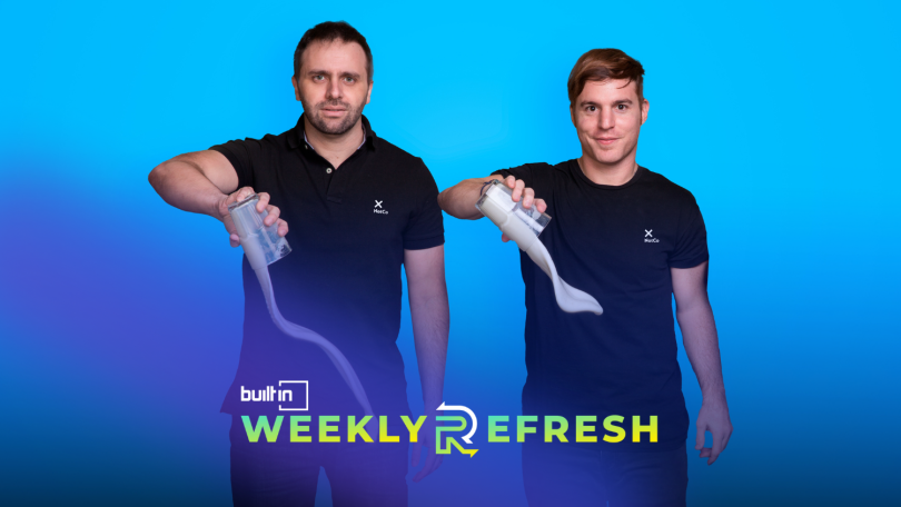 NotCo CTO Karim Pichara, left, and CEO Matias Muchnick pour glasses of milk on the ground.