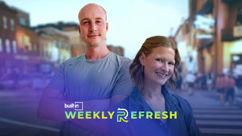 BACH CEO Mike Petrakis (left) and COO Sarah Sprague (right) are pictured in front of a traffic intersection.