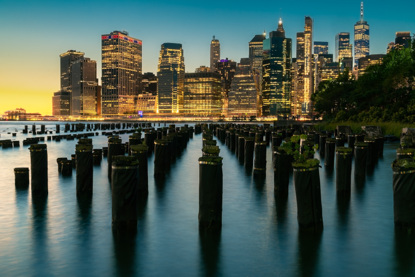 A landscape of the NYC financial district from the harbor.
