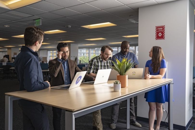 employees talking around a table