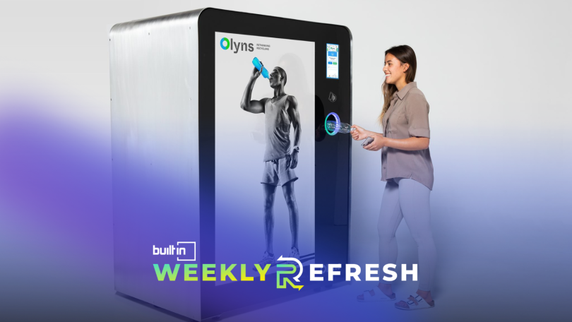 A person uses an Olyns recycling machine.