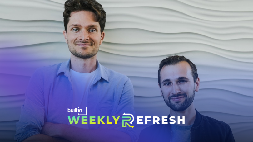 Roboto AI co-founders stand side-by-side against a white textured background.