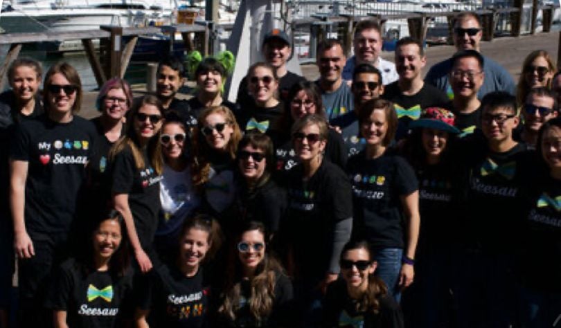 Seesaw group photo with team members wearing matching company t-shirts