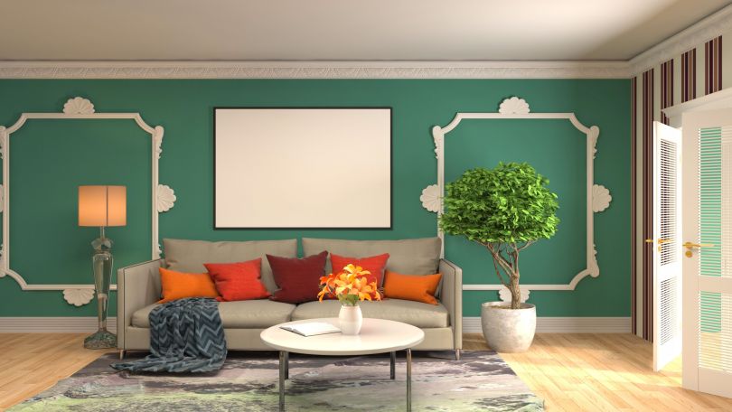A living room with an accent wall. 