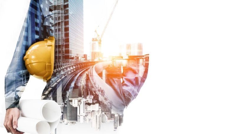 A construction worker superimposed with a worksite. 