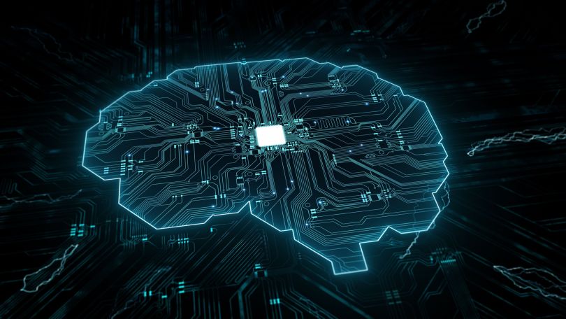 A computer chip surrounded by neural networks. 