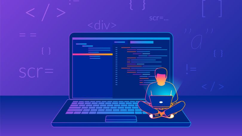An illustration of someone coding. 