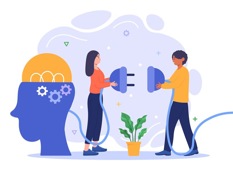 Illustration of a man and a woman plugging a plug into an outlet to supply electricity to the brain.