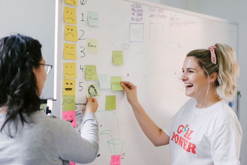 Solstice team members working at white board