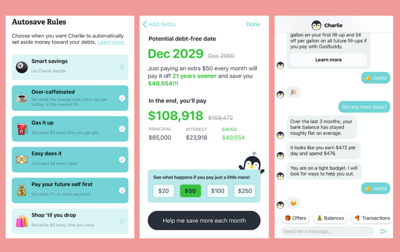 Charlie borrows aspects of gamification and psychology to make getting out of debt easier