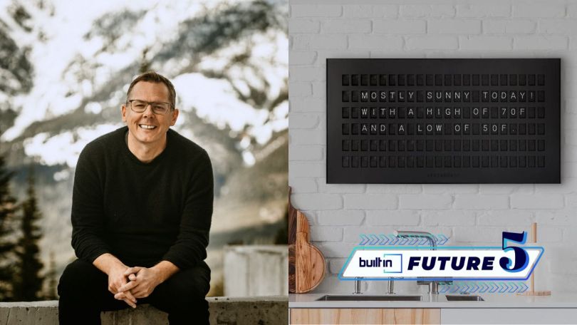 Vestaboard founder and CEO Dorrian Porter posed in front of a winter scene. Next to this image is another image of a Vestaboard display with a weather report on it.