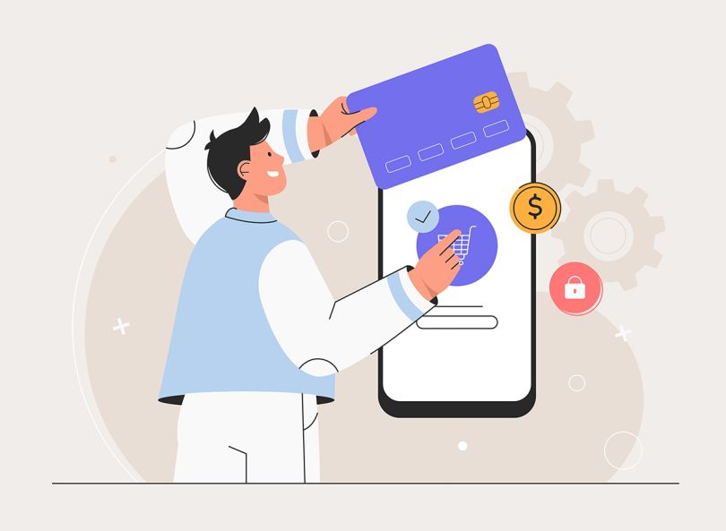 Illustration of a man making a purchase on a mobile phone