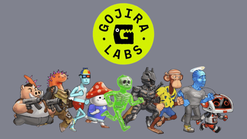 The Gojira Labs logs floating above NFT characters mid-run.