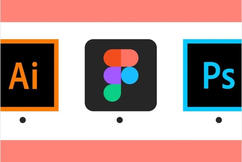 Adobe Illustrate, Figma, and Adobe Photoshop icons lined up next to each other on a white and pink background
