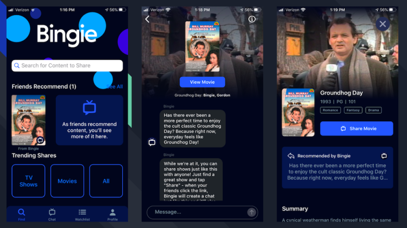 Bingie app screenshots