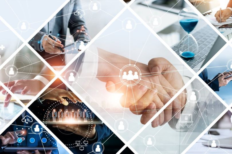 An image representing business and technology with interlinked network icons over images of handshakes, mobile devices and management tools.
