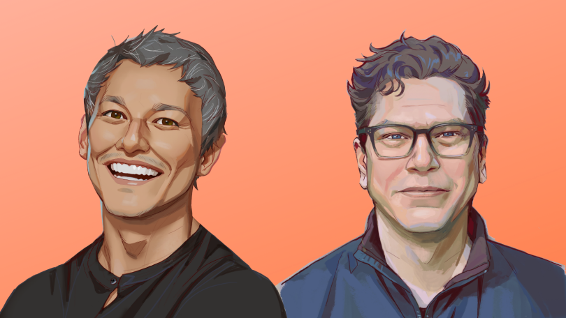 Side-by-side illustrations of The Believer Company's co-founders Michael Chow (left) and Steven Snow (right).