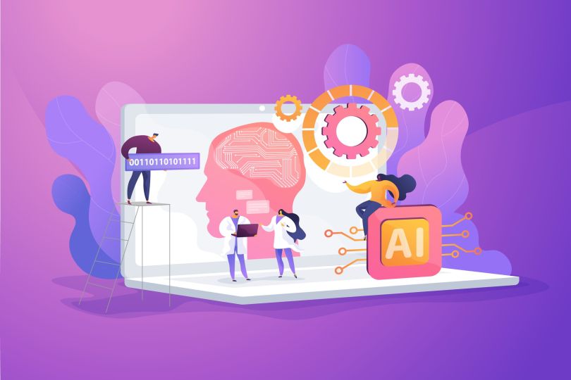Illustration of DataOps team working together for data flow in machine learning and AI