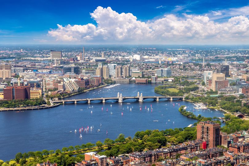 A panoramic aerial view of the Boston skyline.
