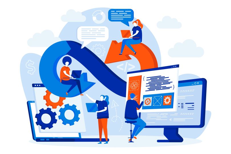 A red and blue illustration of a Chicago DevOps team working on a continuous deployment loop